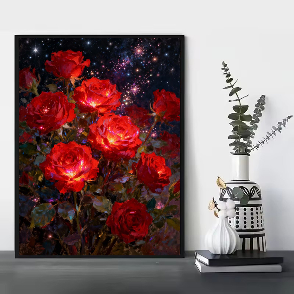 Embroidery Roses - لوحة ماسية بدون إطار، 2026، تطريز