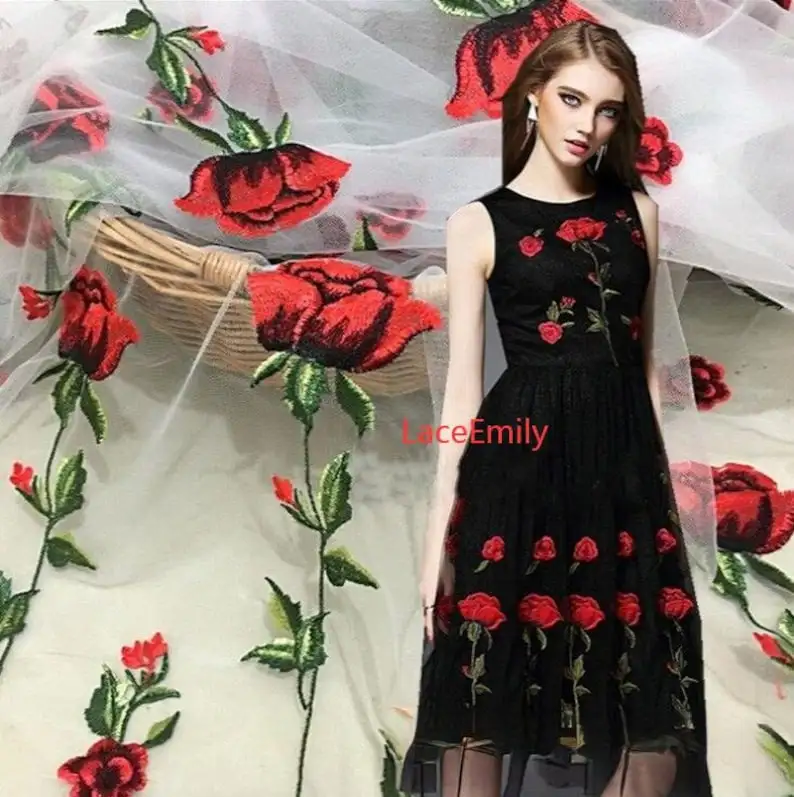 Embroidery Roses - وردة حمراء نسيج الدانتيل زهرة التطريز