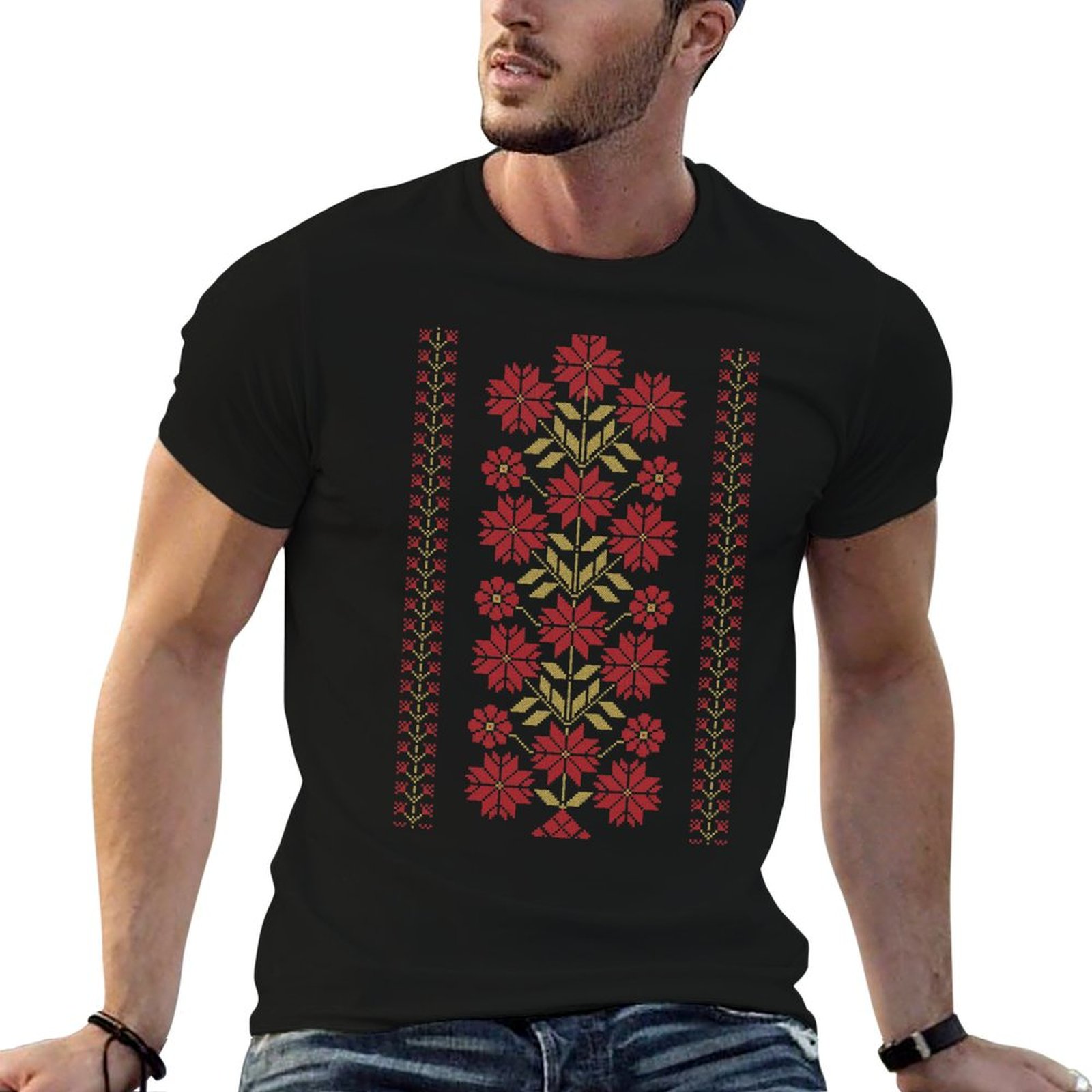Embroidery Design Patterns Flowers - تي شيرت تقليدي بتصميم زهور مطرزة