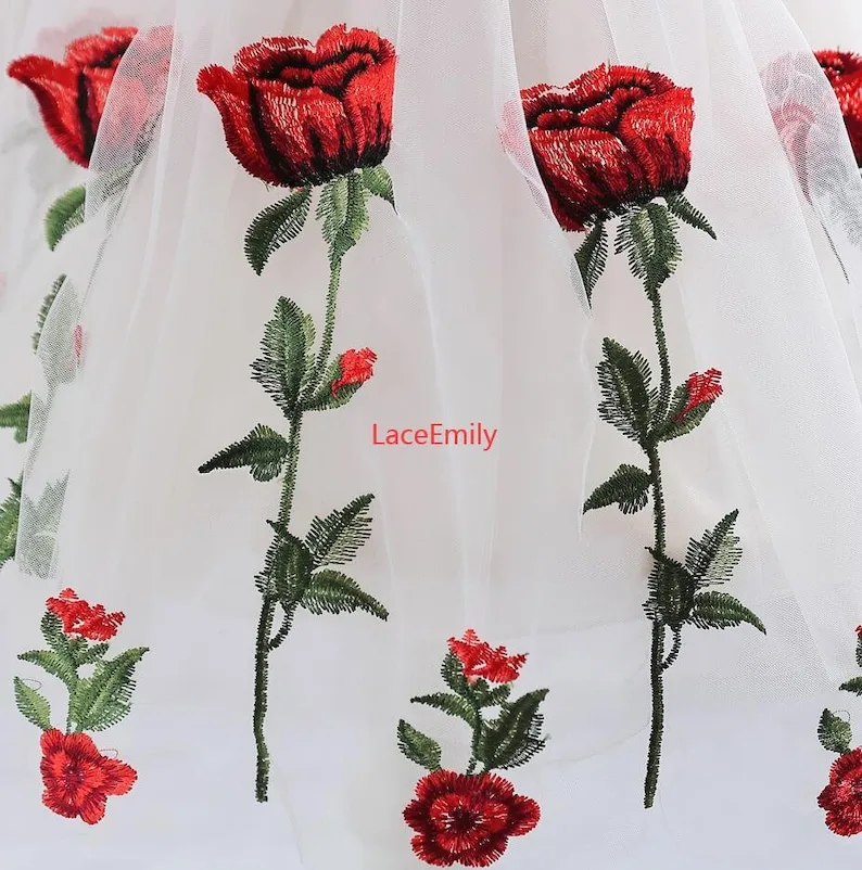 وردة حمراء نسيج الدانتيل زهرة  - مراجعة Embroidery Roses وسعره